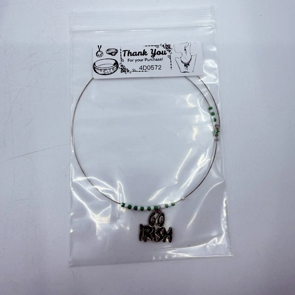 Green White Beaded Go Irish Pendant Wire Choker Necklace St Patrick's Day Gift